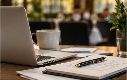 Laptop and notes prepared for a corporate event